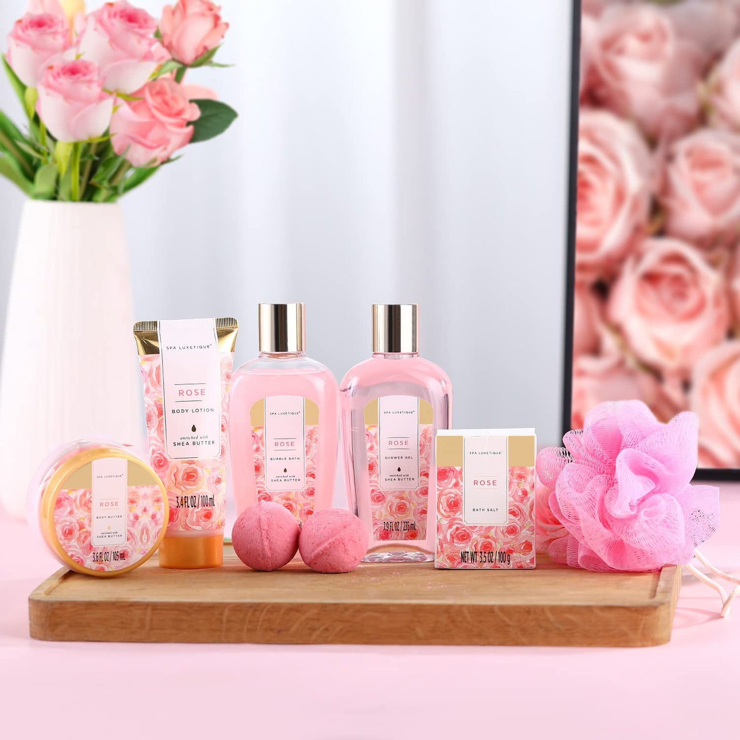 spa luxetique Gift Set For Women, Bath Sets for Women Gift, 8 Pcs Rose Spa Basket Includes Bubble Bath, Shower Gel, Body Lotion, Mom Birthday Gifts, Mother‘s Day Gift, Valentines Day Gifts for Her