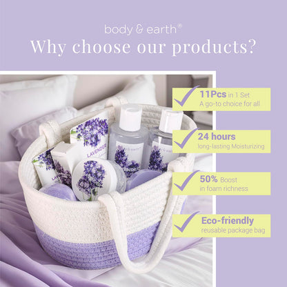 BODY & EARTH Spa Gift Baskets for Women 11pcs Lavender Gift Sets with Bubble Bath, Shower Gel, Body Lotion, Mom Birthday Gifts, Spa Kit, Purple Gift, Valentines Day Gifts for Her