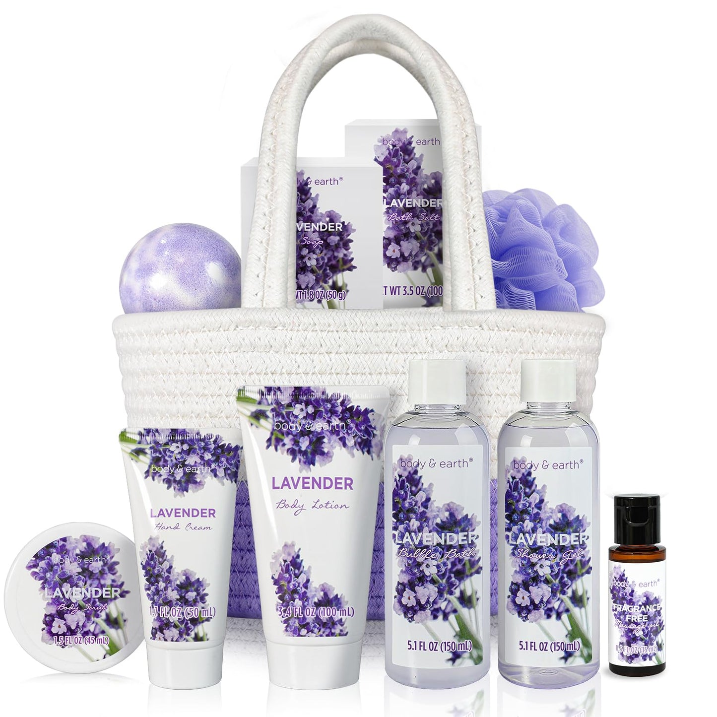BODY & EARTH Spa Gift Baskets for Women 11pcs Lavender Gift Sets with Bubble Bath, Shower Gel, Body Lotion, Mom Birthday Gifts, Spa Kit, Purple Gift, Valentines Day Gifts for Her